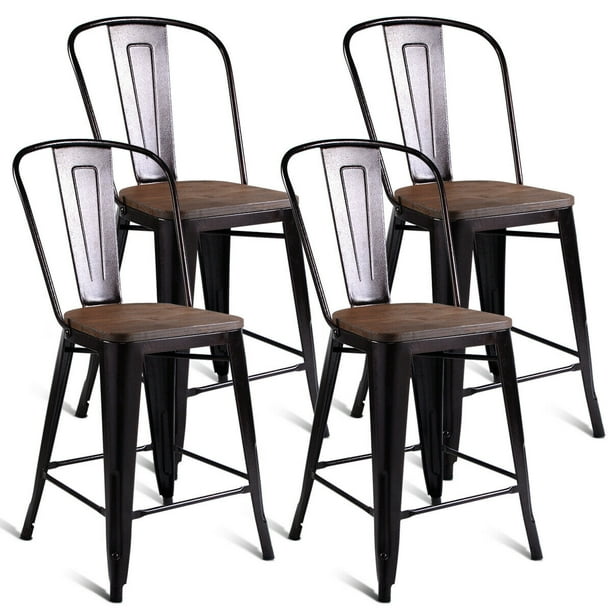 Set of 4 Vintage Style Metal Stools Counter Height w Wooden Seat Bar Pub Dining